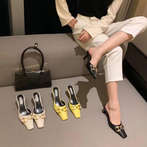 

fashion women slippers metal chain slip on mules shoes shallow casual slides black/beige/yellow summer size 39