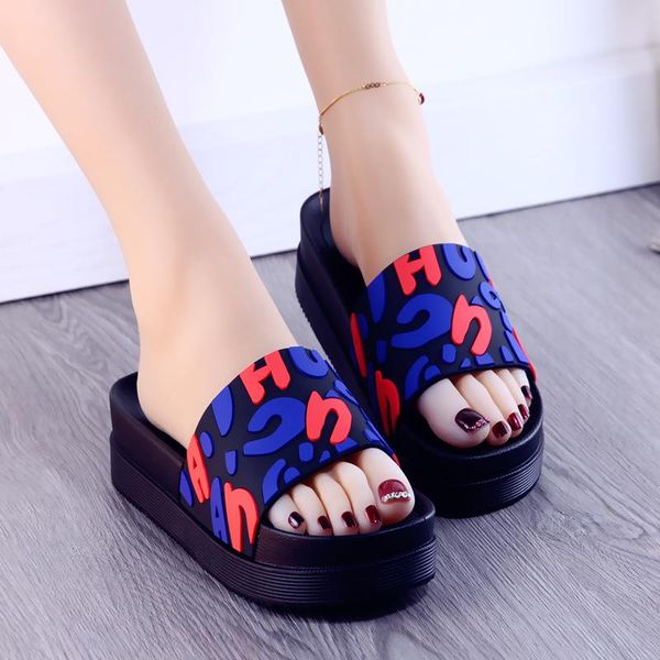 

summer fashion thick bottom slippers women home outer wear slides mixed colors shallow wedges med (3cm-5cm) beach shoes, Black