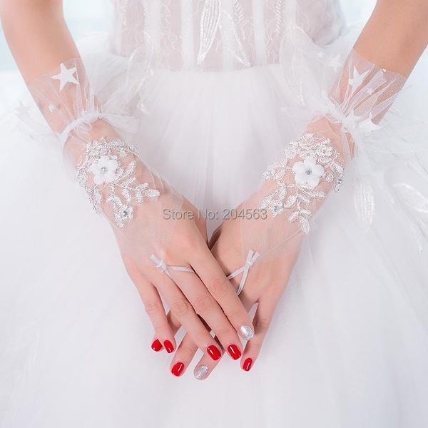 

bridal gloves short wedding party fingerless tulle wrist lace with crystals, White
