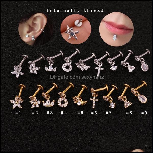 

other body jewelry 1pc steel cross flower zircon gem pendant labret stud lip piercing ear cartilage tragus helix ring charming drop delivery, Slivery;golden