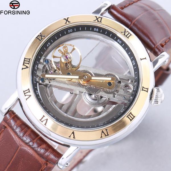 

luxury hollow automatic watch mechanical men black wrist watches transparent skeleton business casual self wind clock wristwatches, Slivery;brown