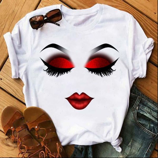 

face makeup red lip women t shirt prints harajuku casual aesthetic graphic hipster vintage korean femme tee, White