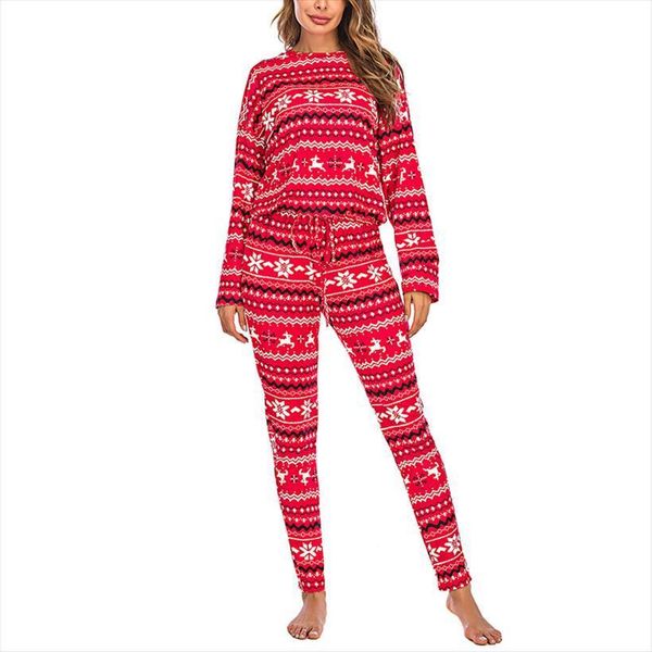 

tracksuit 2pcs christmas costume womens sleepwears winter pants printed long sleeve round neck milk silk elastic waist clothing set, Black;red
