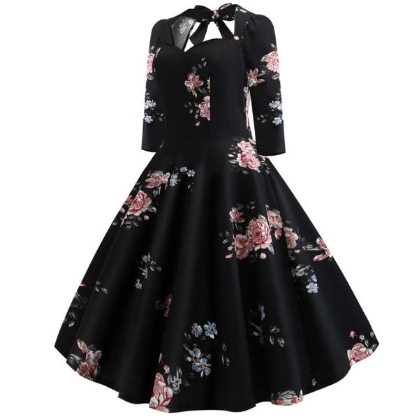 

casual dresses fashion dress for women elegant formal half sleeve floral print back high waist draped vintage evening party sukienka, Black;gray