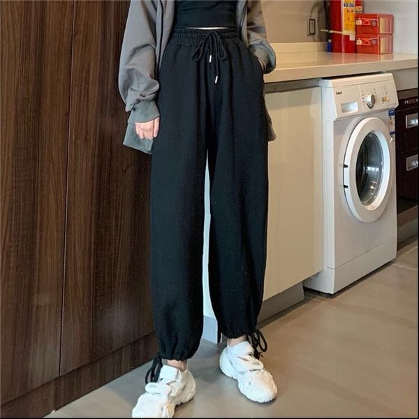 

women pants plus size fashion loose harem ladies elastic waist drawstring sport trousers female casual jogging sportwear, Black;white