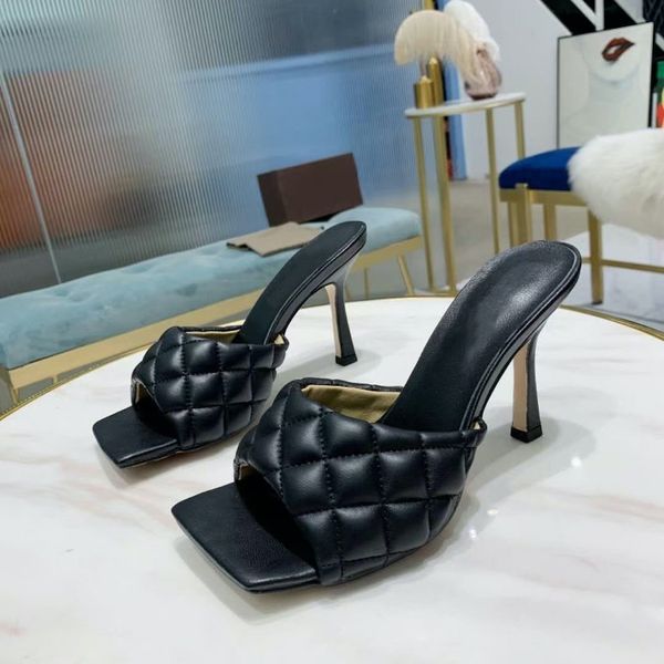 

women padded sandals high heels lido sandal designer shoes flat quilted leather slides squared sole summer beach slippers big size 280, Black