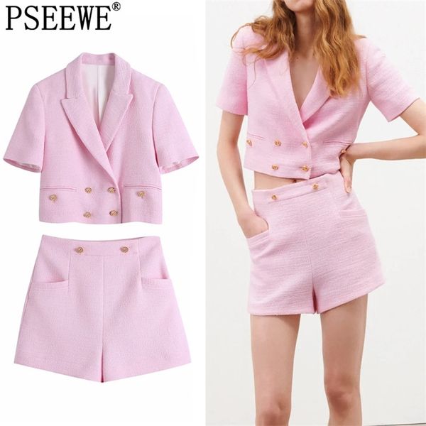 

women sets 2 pcs pink cropped blazer suits summer elegant woman outfits high waist shorts suit two pieces set 210519, White