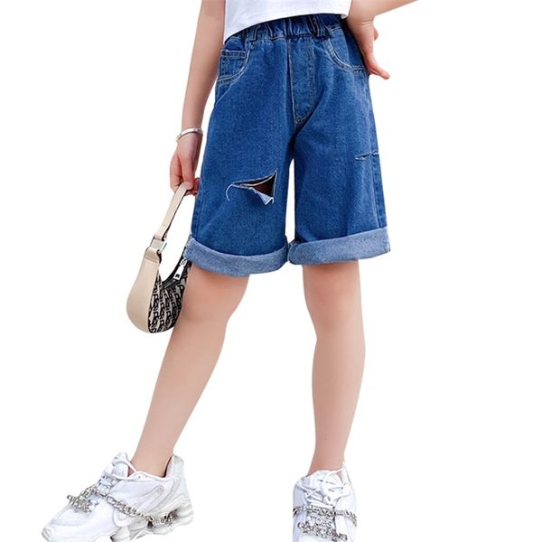 

jeans girl hole children's denim for girls summer short kid casual style clothing 210527, Blue