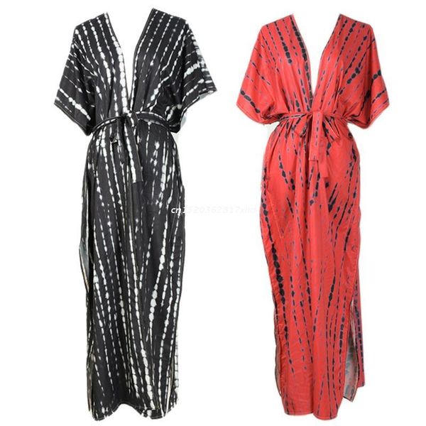 

one-piece suits women 3/4 sleeve long kimono cardigan irregular tie-dye striped open front blouse shirt belted beach swimsuit cover up drops