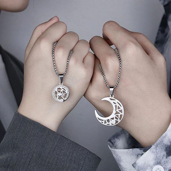 

pendant necklaces sun moon couple necklace titanium steel chain metal for woman and man "i love u" character jewelry valentine&#03, Silver