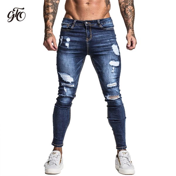 

men's skinny stretch repaired jeans dark blue hip hop distressed super skinny slim fit cotton comfortable big size zm34