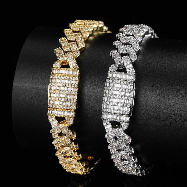 

hip hop claw setting + cz stone bling iced out 10mm solid square cuban link chain bangles bracelets for men rapper jewelry charm, Golden;silver