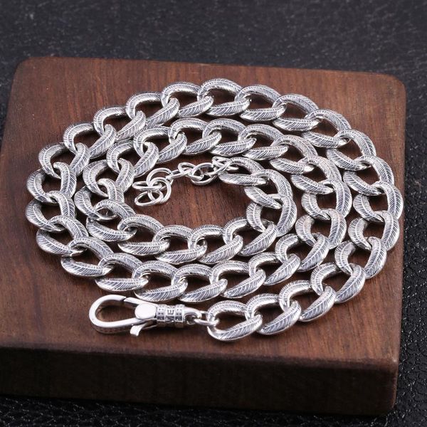

chains real s925 sterling silver cuban link chain necklace for men feather pattern design personalized hip punk jewelry