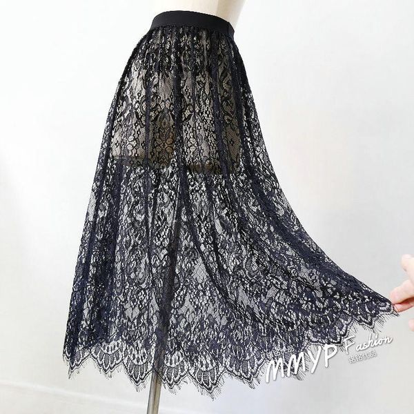 

skirts single layer gauze skirt with lace, Black