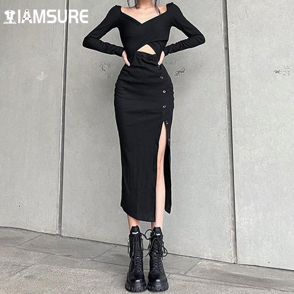 

casual dresses iamsure slim hollow out split long dress solid criss-cross square collar sleeve midi for women 2021 autumn, Black;gray