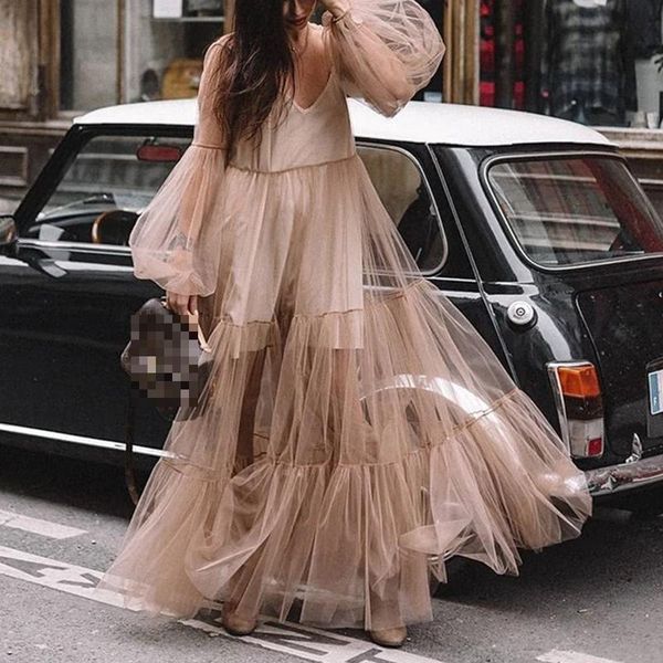 

casual dresses women perspective mesh maxi v neck puff sleeve loose large hem plus size ladies rwrl bu0o, Black;gray
