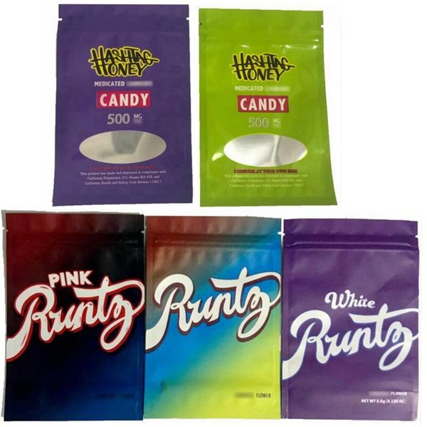 

2 types medicated 500mg hashtag honey edible packaging bags 3 colors white runtz mylar bag cookies baggies smell proof resealable zipper pou