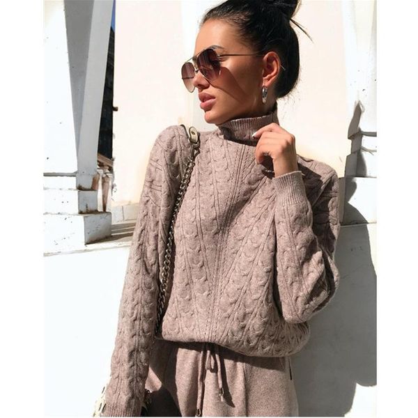 

women knitted tracksuit set turtleneck long sleeve sweatshirt pollover jumper and pants two piece sweater track suit clothes women's, White