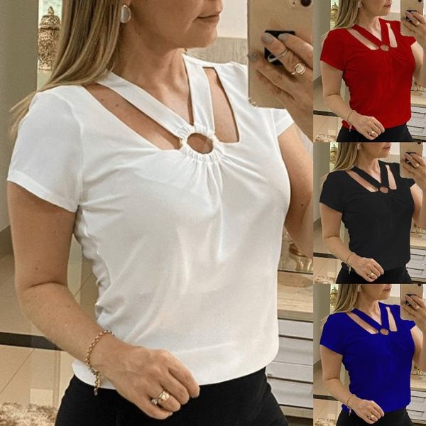 

2021 new special wisi slim round neck short sleeve hollow out t-shirt, White