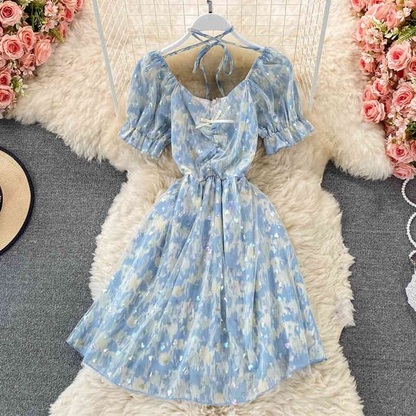 

two piece dress korean fashion women 2021 new summer v-neck short sleeve printing elastic waist a-line shinning mesh mini party ju, White