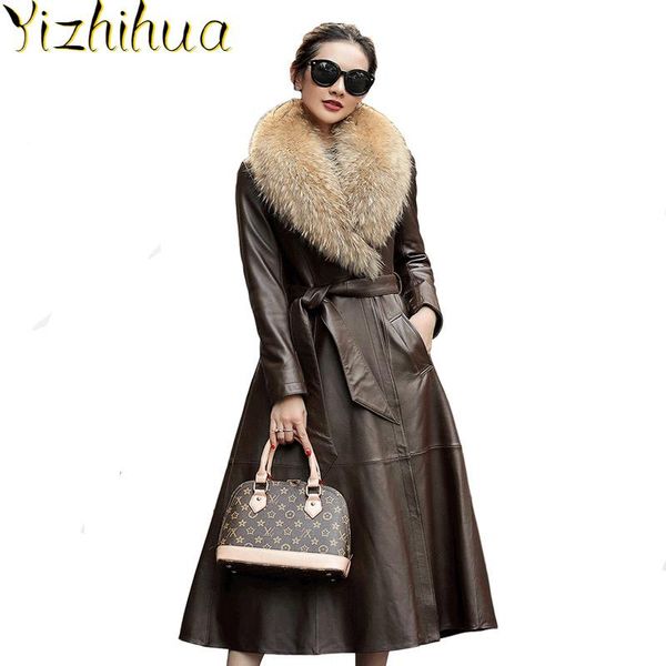 

women's leather & faux coat jacket winter women long down real raccoon fur collar genuine sheepskin female windbreaker my, Black