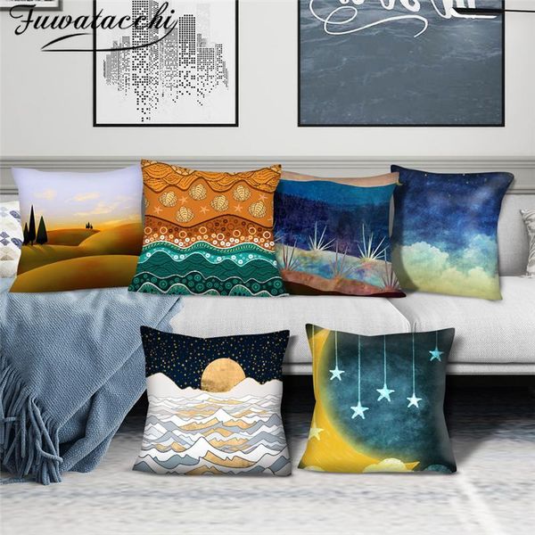 

cushion/decorative pillow fuwatacchi watercolor sunset scenic cushion cover river mountain forest tree throw pillowcases home sofa decoratio