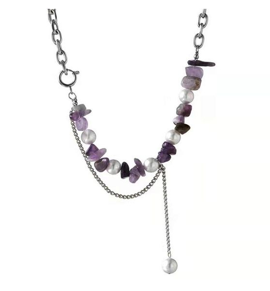 

pendant necklaces 316l stainless steel purple natural gravel stitching pearl titanium necklace multi-layer ladies, Silver