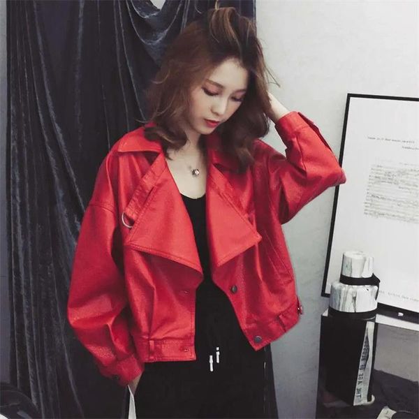 

women's leather & faux female jacket 2021 hong kong style casual short motorcycle jackets korean loose, Black