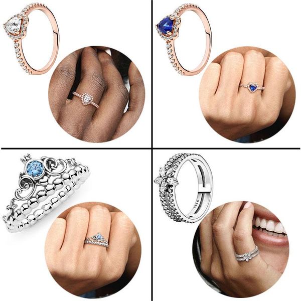 

cluster rings selling 925 sterling silver sparkling crown double ring heart shape for women wedding engagement jewelry making gifts, Golden;silver