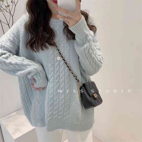 

winter women's casual warm twist round neck wool loose sweater 210514, White;black