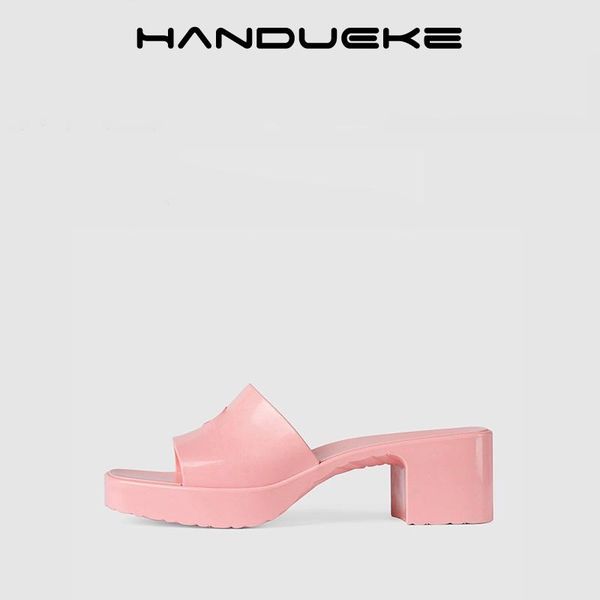 

sandals thick sole platform slides jelly mules slippers women kitten heel pvc outdoor ladies chunky beach shoes summer, Black