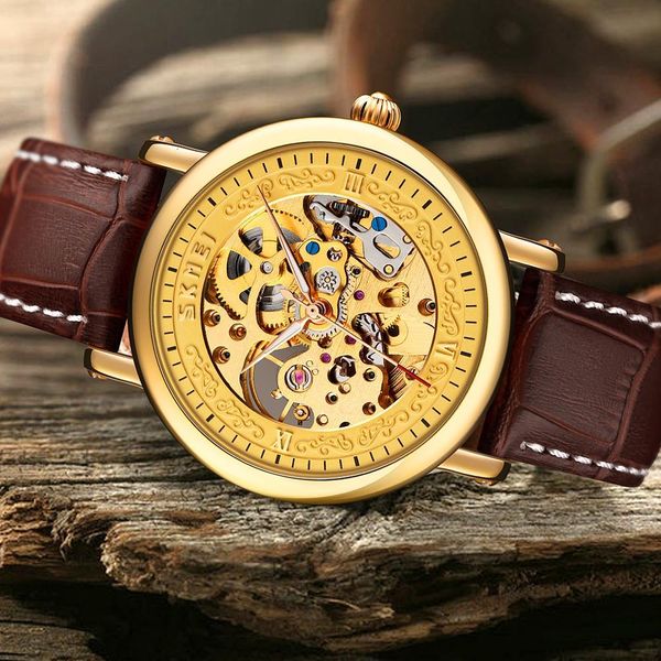 

skmei men gold hollow automatic mechanical watch hard hardness glass leather bracelet waterproof men polar straps 9229, Slivery;brown