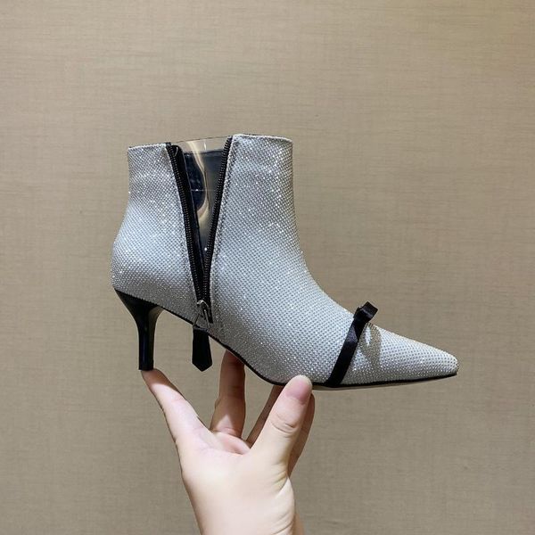 

boots female women shoes high heels ankle for 2021 bling crystal ladies luxury fashion booties woman, Black