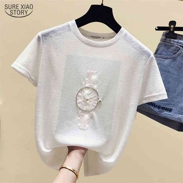 

casul basic tee shirt korean fashion clohthing t women summer diamonds short sleeve vintage female t-shirt 9640 210506, White