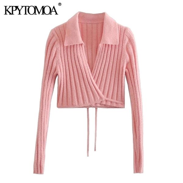 KPYTOMOA Moda donna con involucro legato Cardigan lavorato a maglia corto Maglione Vintage Manica lunga Capispalla femminile Chic Top 211103