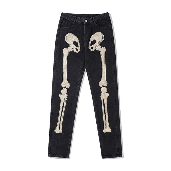 

men's jeans street men and women washed color loose straight couple patch skull denim casual pants, Blue