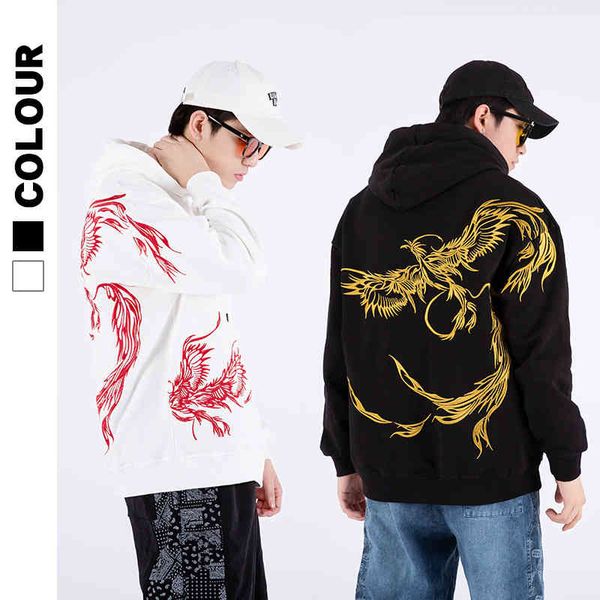 

hoodies autumn and winter ins national fashion men's fenghuang embroidered couple's clothes plush thickened hoodie brand, Black