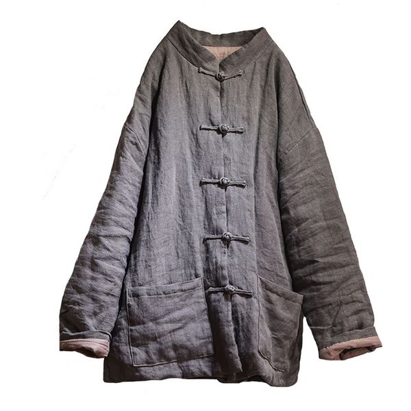 

johnature women chinese style parkas stand button coats solid color cotton linen pockets autumn winter female parkas 210521, Black