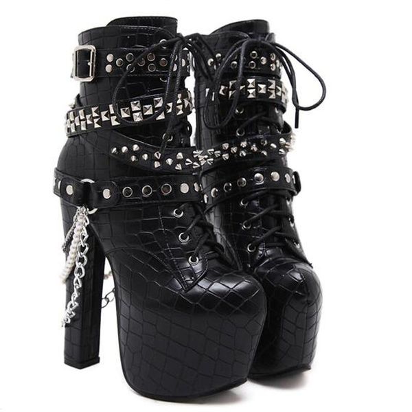 

boots zip metal chains rivet motorcycle women demonias shoes super high heels platform ankle punk rock gothic biker, Black