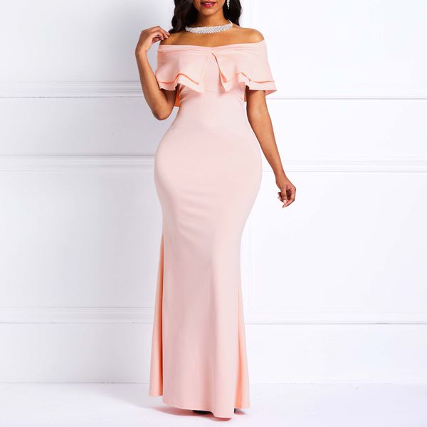 

Sexy Off Shoulder Ruffled Prom Dress Women Bodycon Long Evening Dresses Mermaid Pink Sweet Elegant Party Dresses