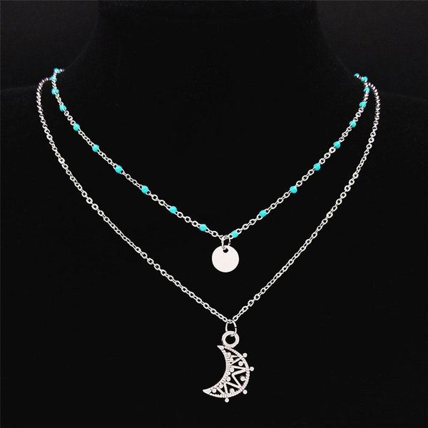 

pendant necklaces 2021 boho moon stainless steel green layered charm necklace men/women silver color jewelry collares bohemios mujer nxs04