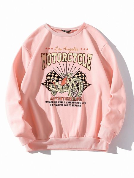 

slogan & motorcycle print thermal sweatshirt l1hw#, White;black