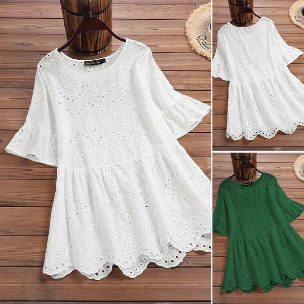 

women's blouses & shirts zanzea women solid short sleeve 2020 summer lace blouse vintage cotton linen shirt o-neck tunic che, White
