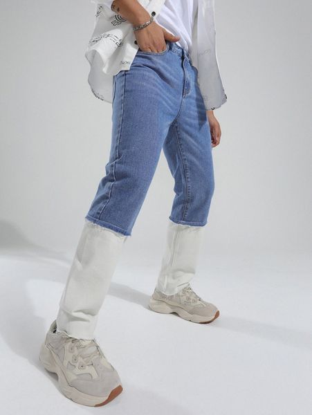 

men two tone raw cut jeans b89a#, Blue