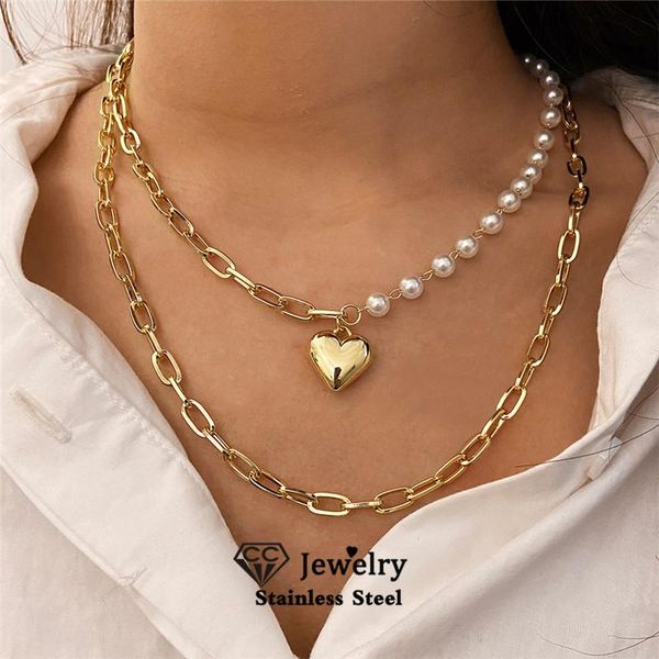 

chains heart shape necklace for women double layered clavicle chain gold silver color choker pendant delicate torque yh546