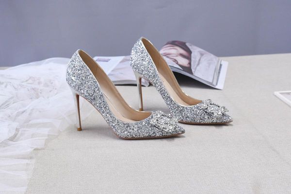 

dress shoes custom 46 large size rhinestone sequin women's silver pointed toe stiletto heels party office, Black