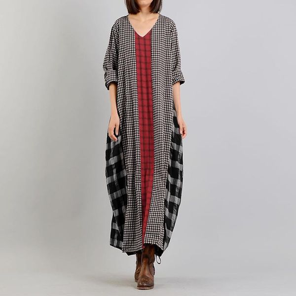 

casual dresses women plaid checked maxi long dressspring vintage v neck sleeve sundress loose patchwork vestido kaftan plus size, Black;gray
