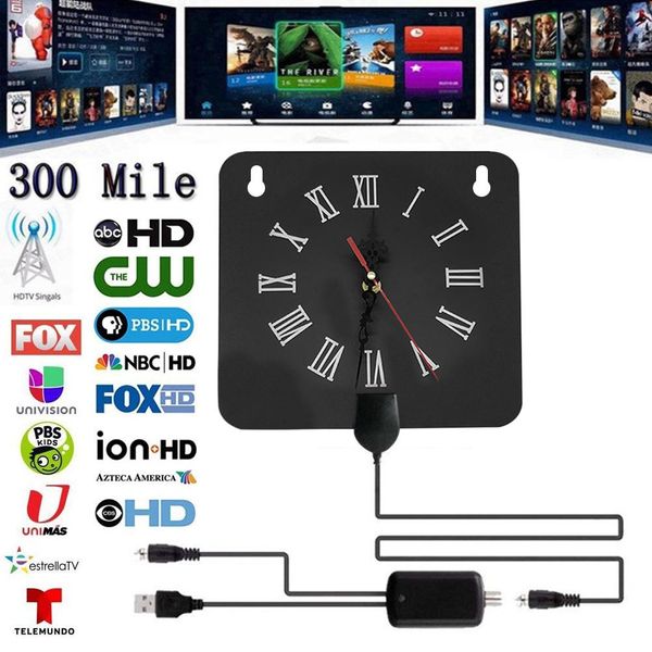 Antenna TV digitale OEM Indoor 300 miglia Stile sveglia con amplificatore di segnale Booster HDTV Antena Orologi di trasmissione del canale locale Antenna Antenne