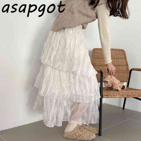 Temperamento magro elástico alta cintura branca chiffon saias mulheres chic coreano moda uma linha plissada malha saia de bolo faldas mujer 210429