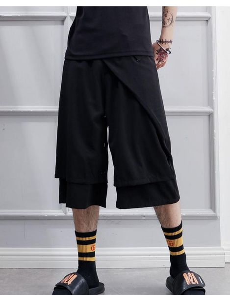 

men's pants 2021 spring and summer style black capris fake 2-piece skirt overalls casual solid color personality trend